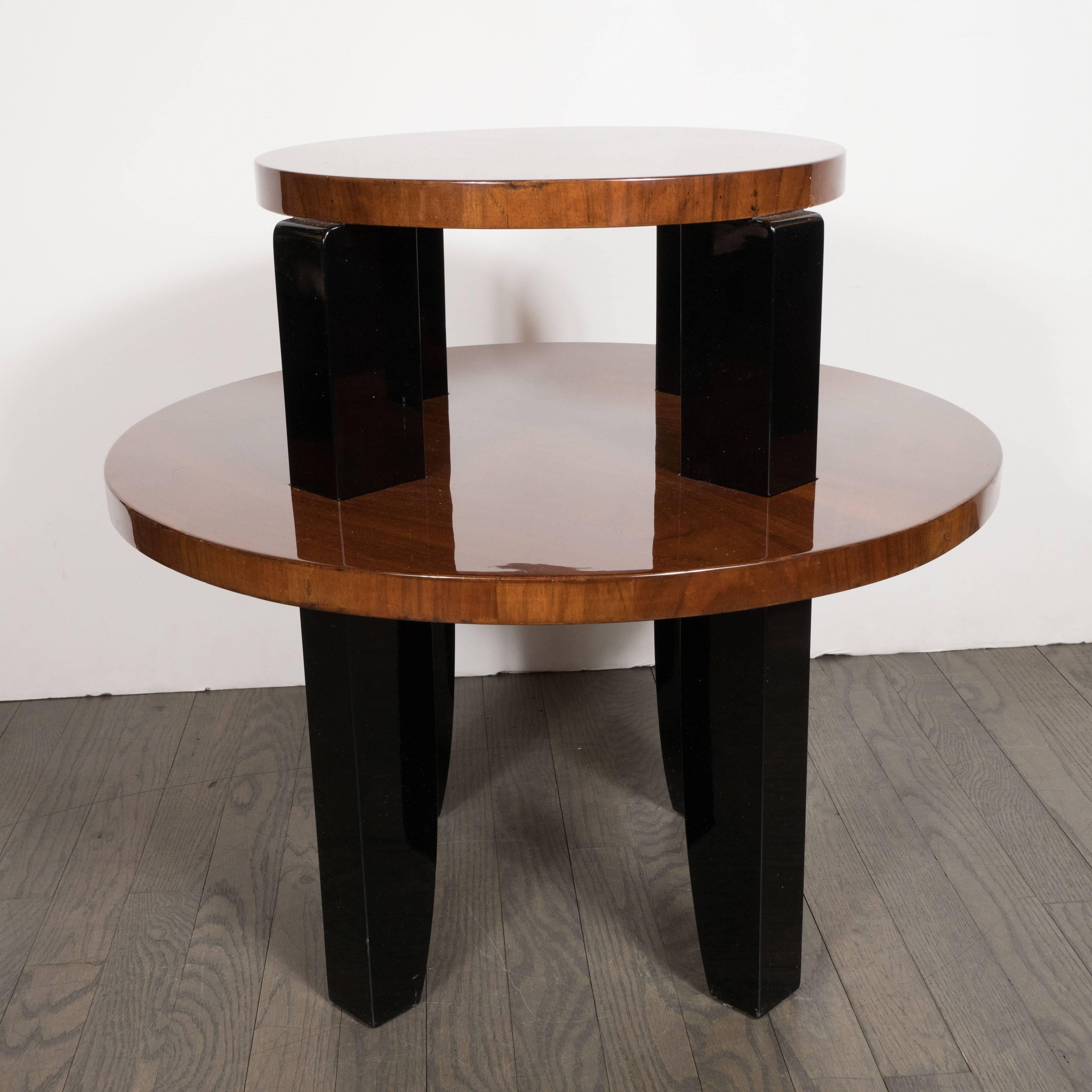French Art Deco Two-Tier Occasional/Side Table in Walnut and Black Lacquer In Excellent Condition In New York, NY