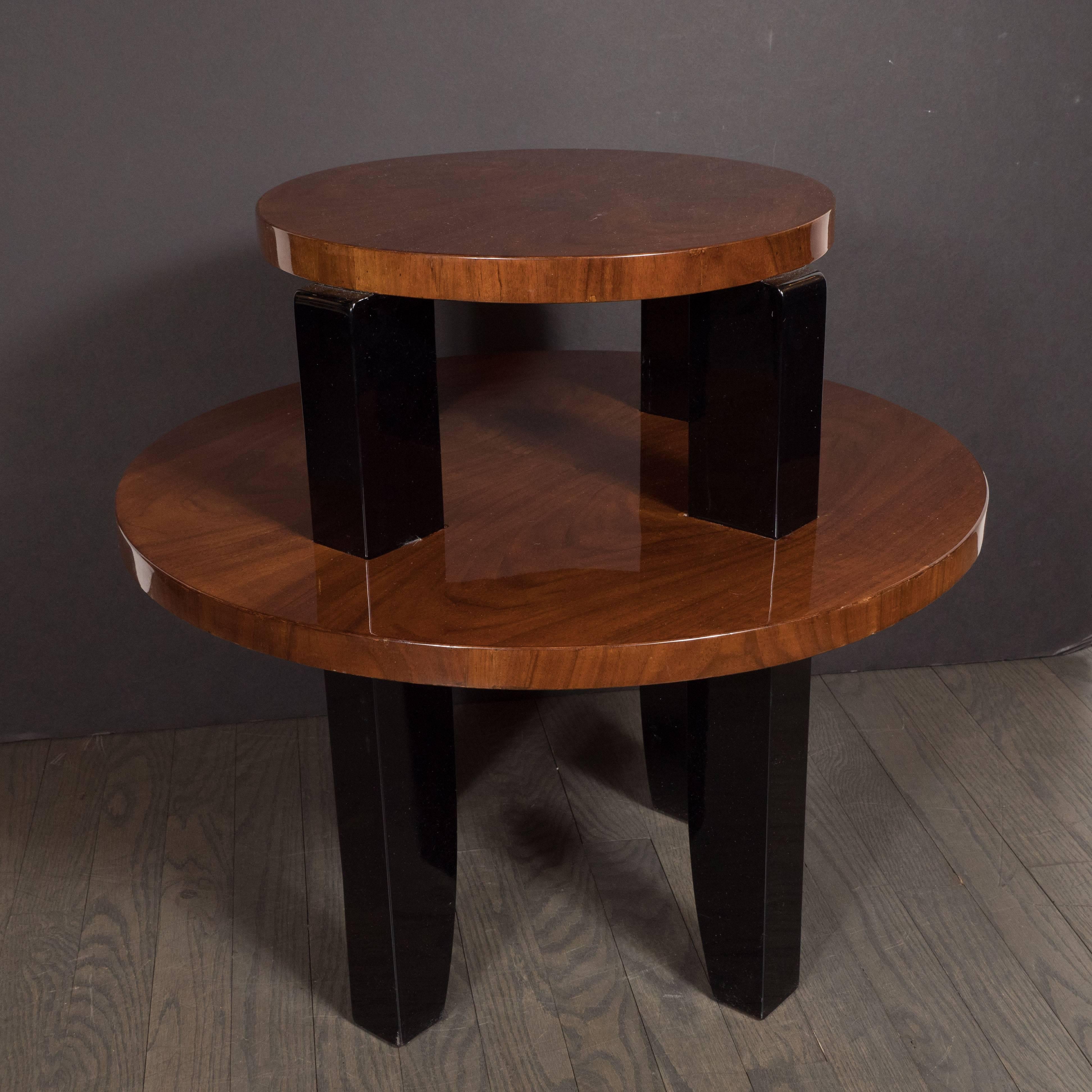French Art Deco Two-Tier Occasional/Side Table in Walnut and Black Lacquer 1