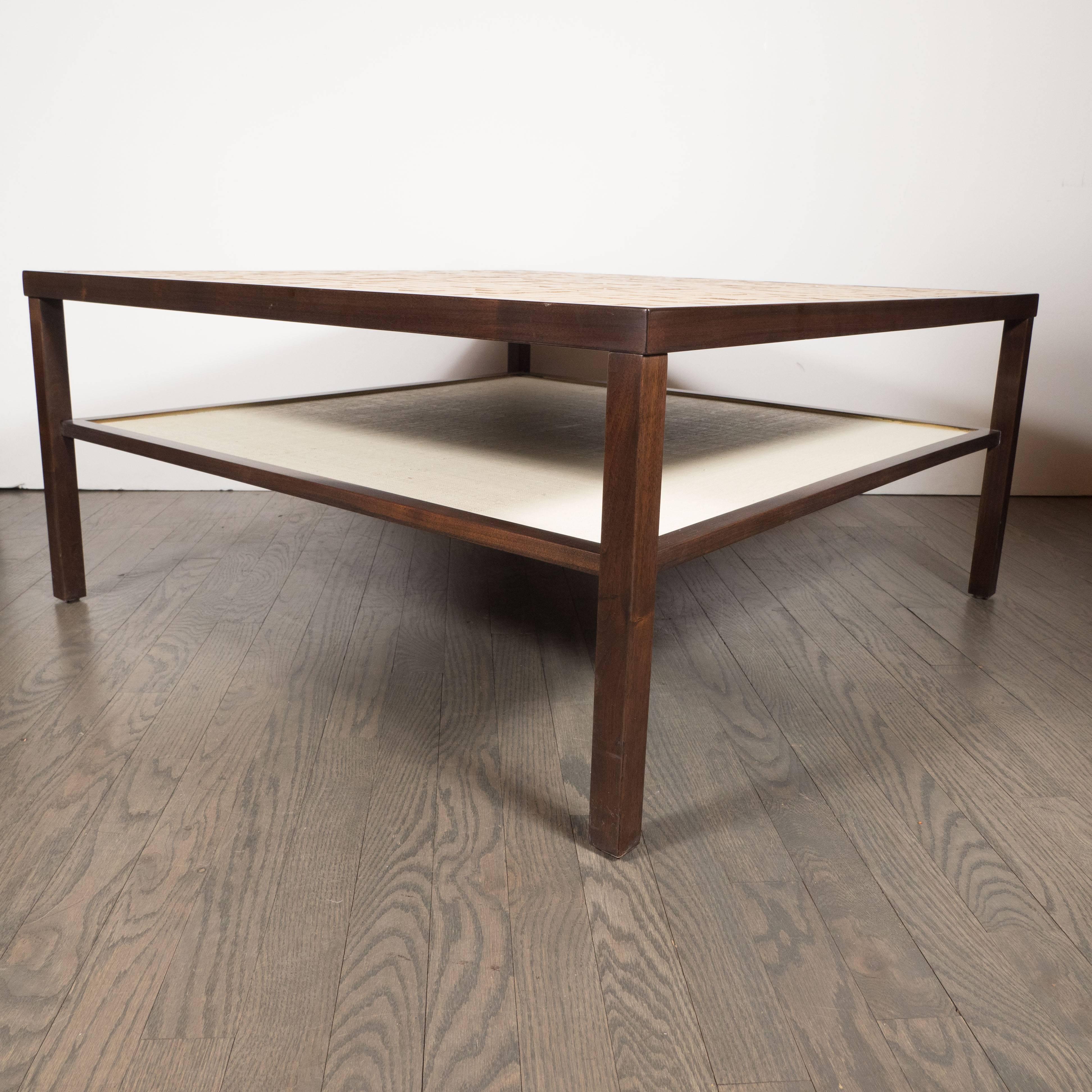 Mid-20th Century Mid-Century Modern Tile, Lacquered Linen & Walnut Cocktail Table by Gordon Martz For Sale