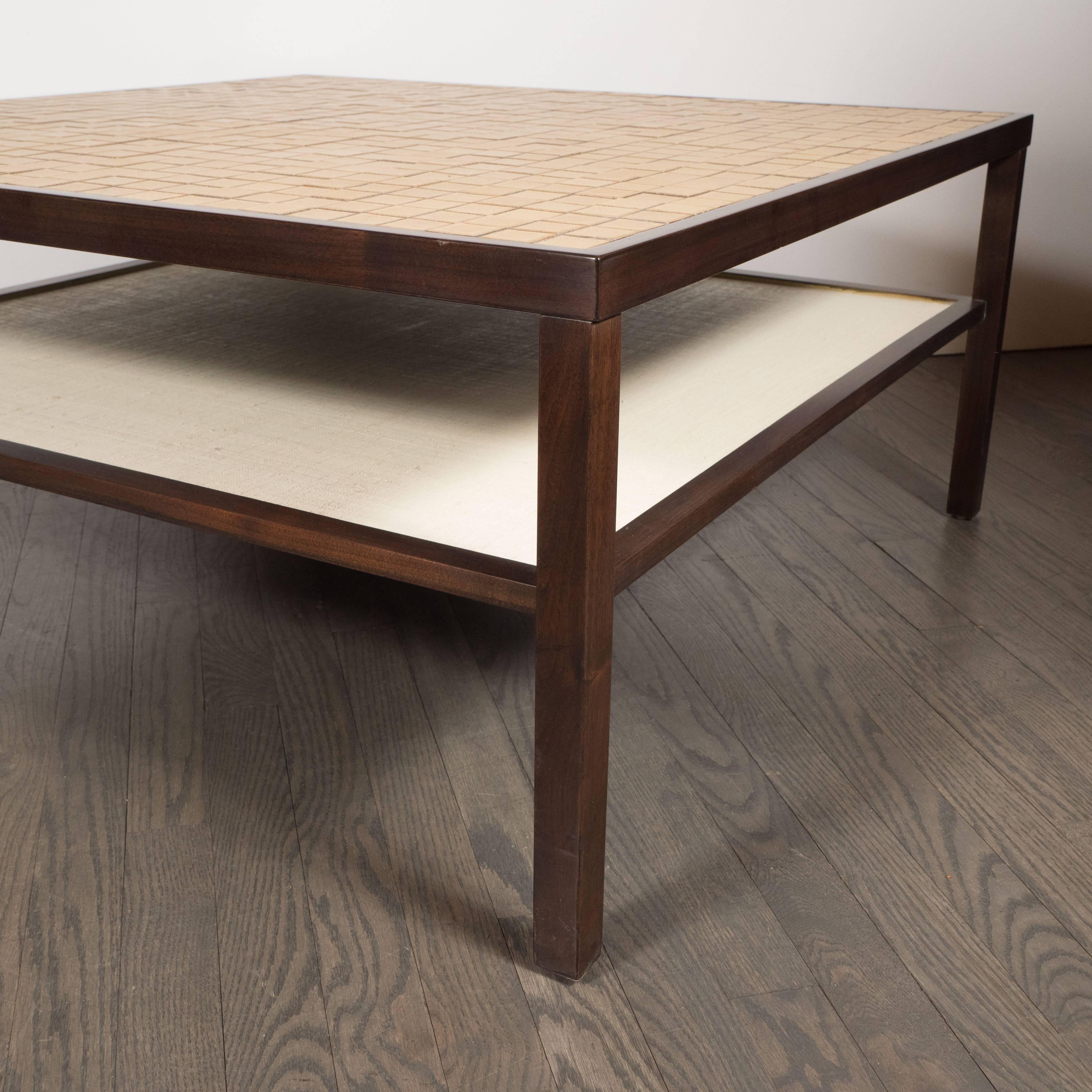 Mid-Century Modern Tile, Lacquered Linen & Walnut Cocktail Table by Gordon Martz For Sale 2
