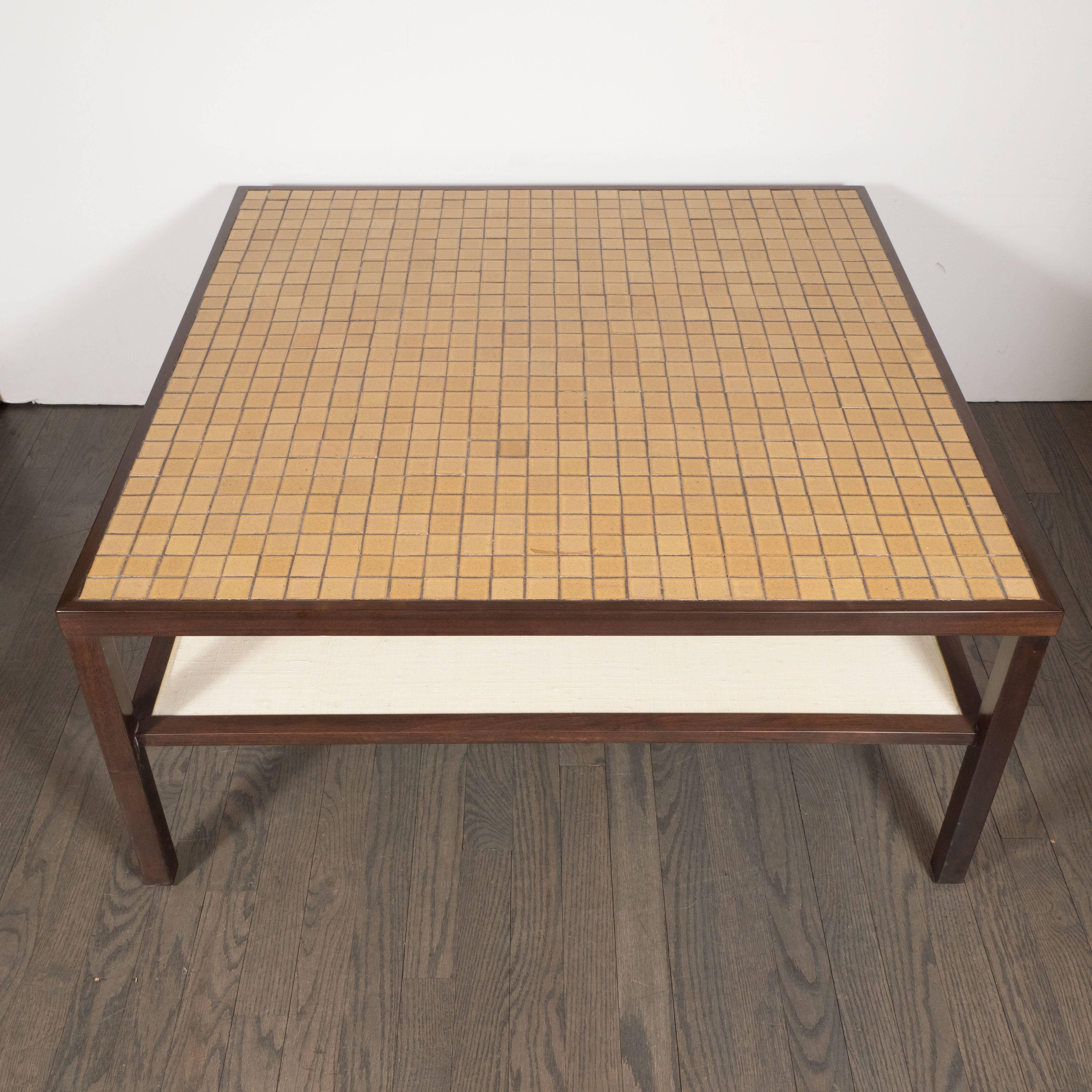 American Mid-Century Modern Tile, Lacquered Linen & Walnut Cocktail Table by Gordon Martz For Sale