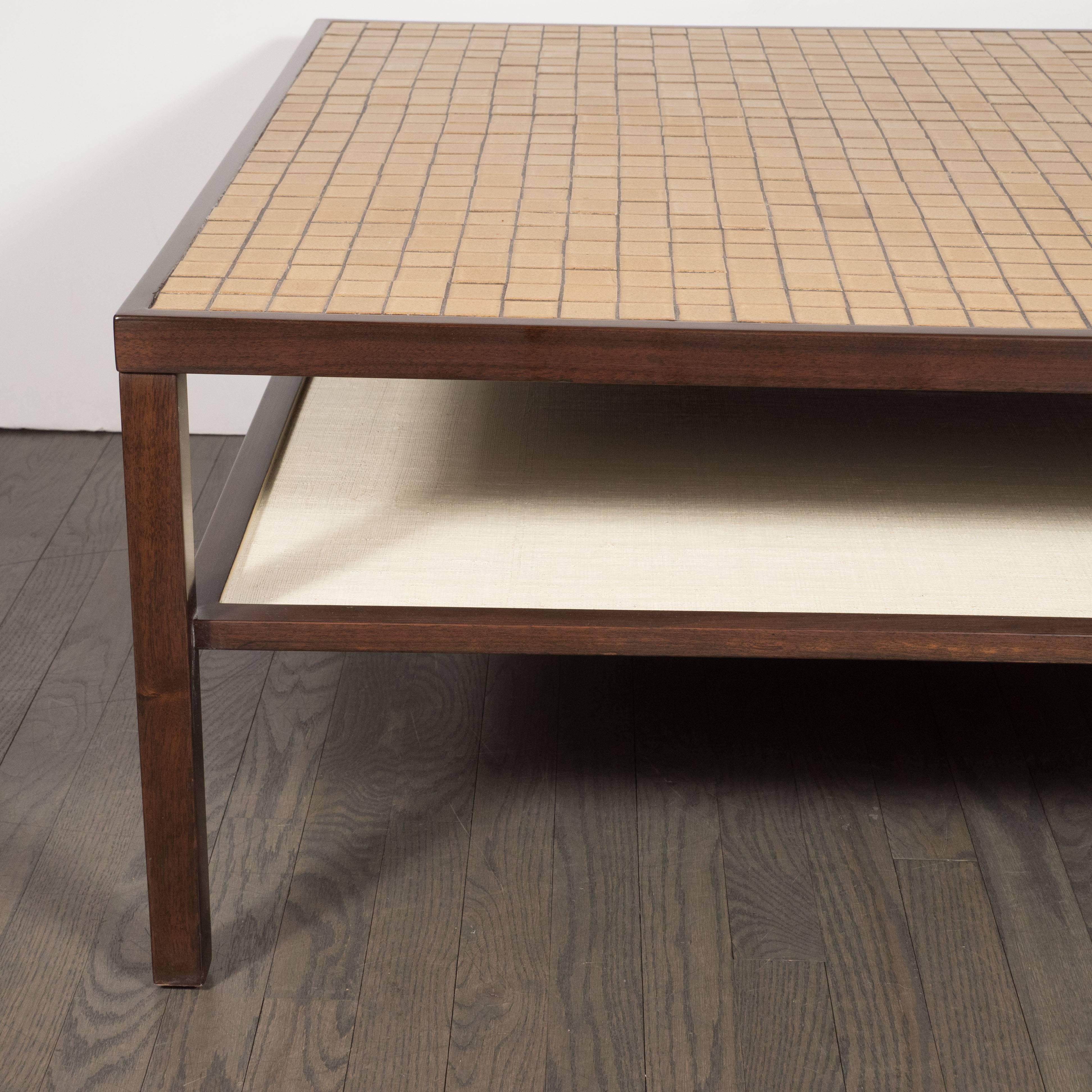 Mid-Century Modern Tile, Lacquered Linen & Walnut Cocktail Table by Gordon Martz For Sale 1