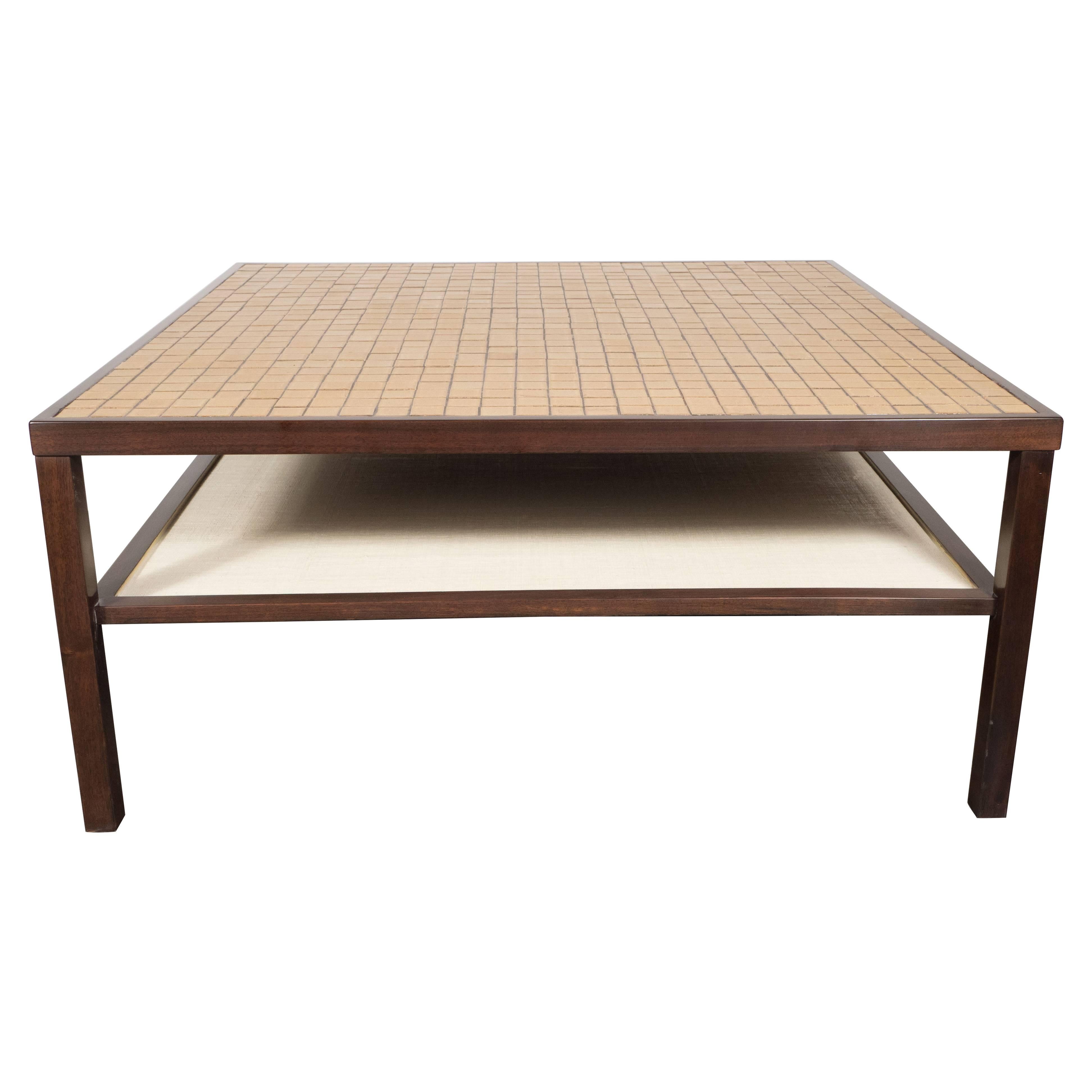 Mid-Century Modern Tile, Lacquered Linen & Walnut Cocktail Table by Gordon Martz For Sale