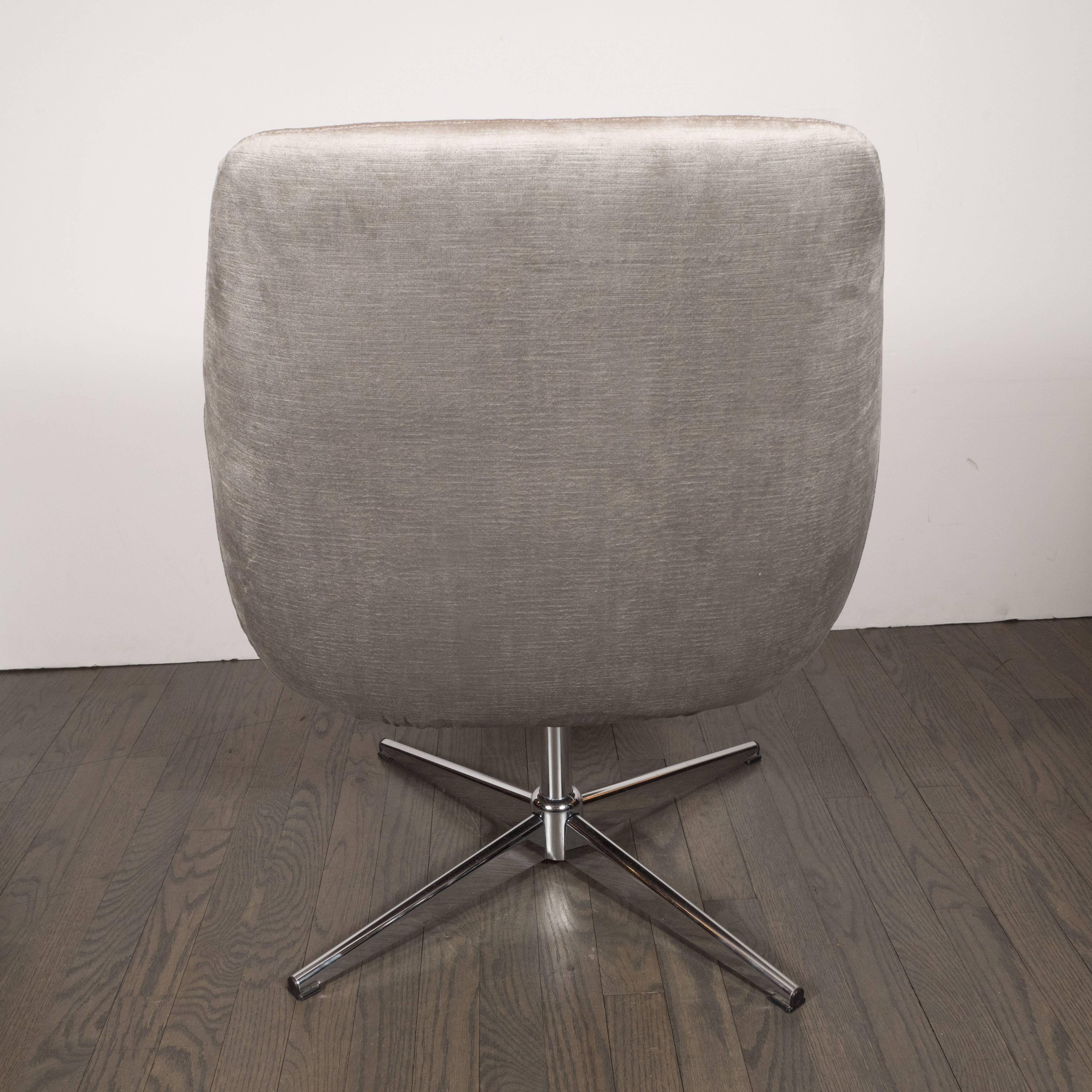 Late 20th Century Pair of Mid-Century Modern Chrome and Smoked Pewter Velvet Swivel Chairs