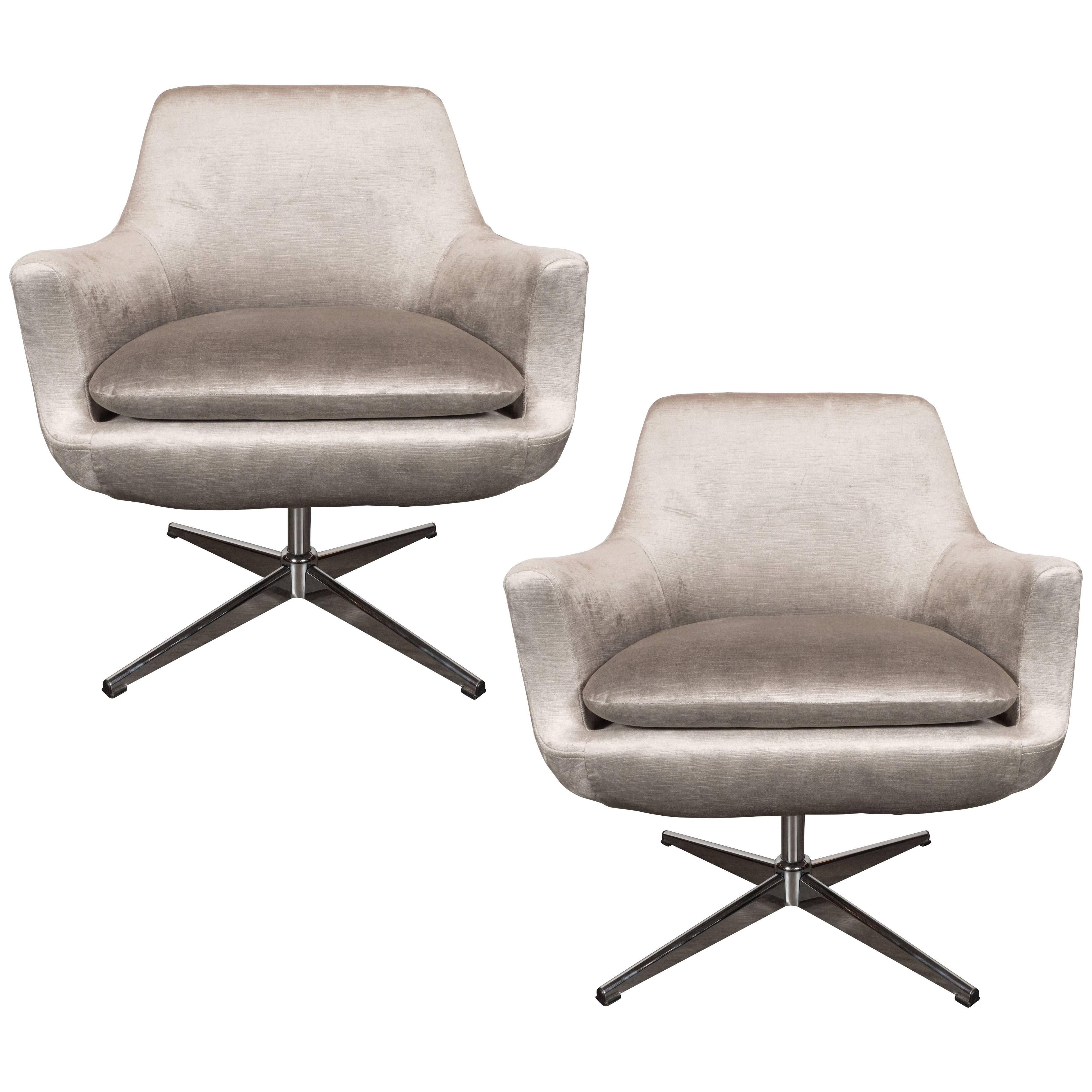 Pair of Mid-Century Modern Chrome and Smoked Pewter Velvet Swivel Chairs