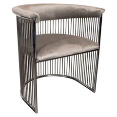 Midcentury Demilune Polished Chrome Occasional Chair in Smoked Platinum Velvet