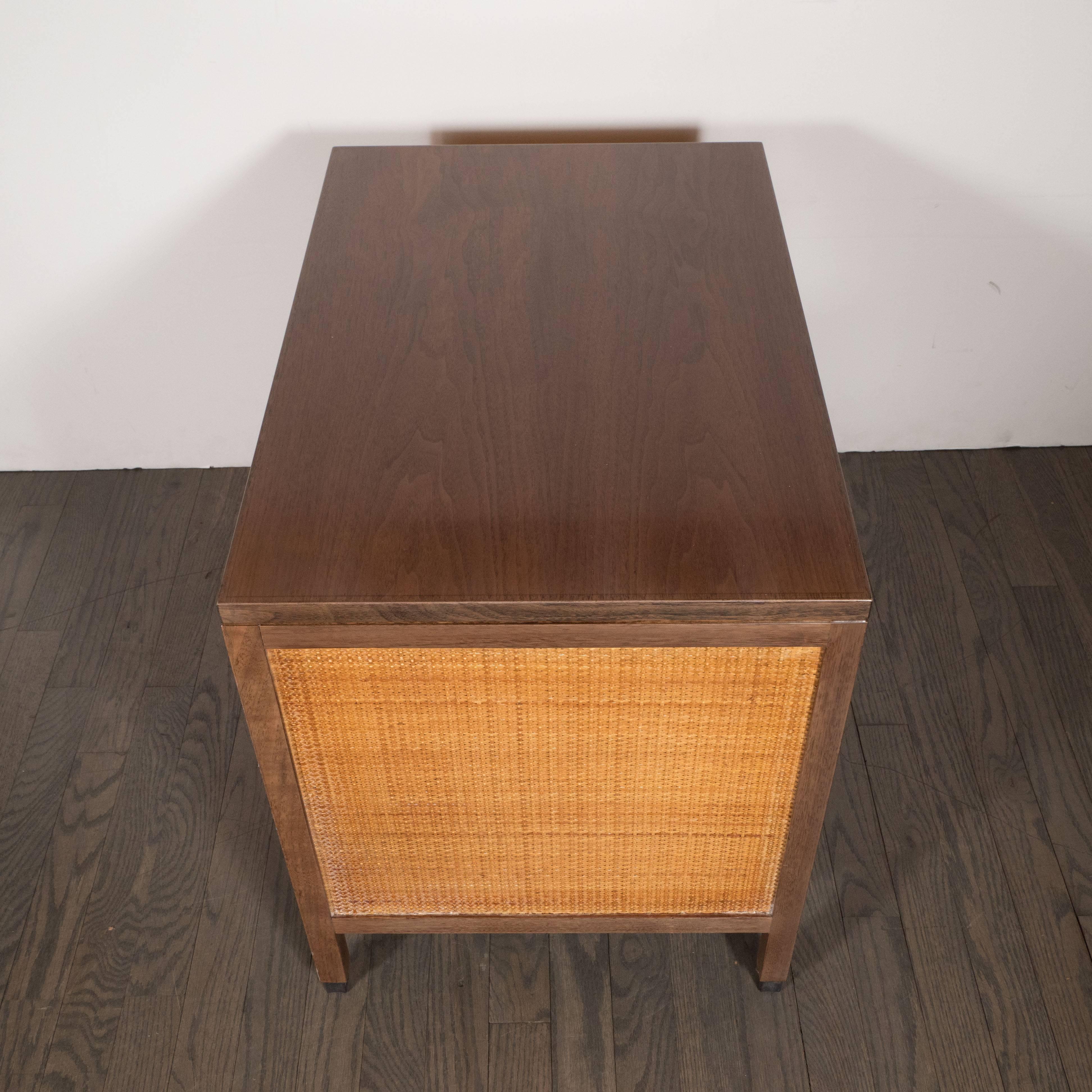 American Mid-Century Modern Hand Rubbed Walnut, Lacquer and Cane End Tables/Nightstands