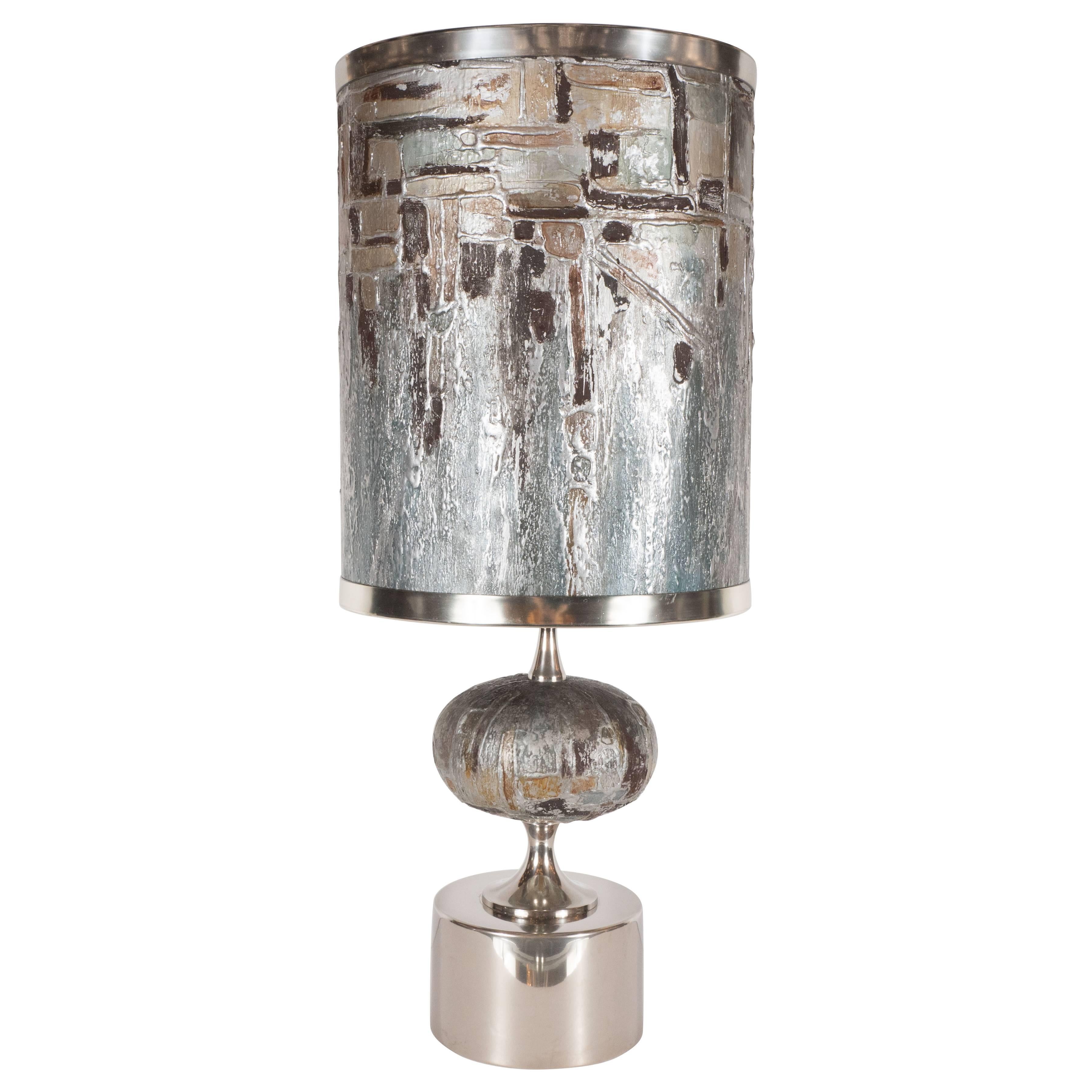 French Mid-Century Modern Handmade Painted Table Lamp with Nickel Fittings