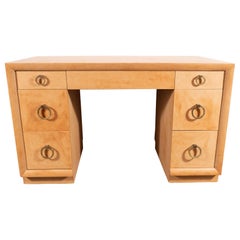 Mid-Century Modern Parchment Desk with Circular Brass Pulls by Robsjohn-Gibbings