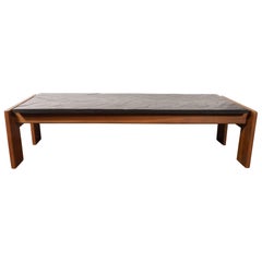 Mid-Century Modern Slate Top Cocktail Table with Hand Rubbed Walnut Base