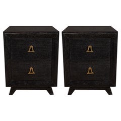 Pair of Mid-Century Modern Silver Cerused Nightstands with Stylized Brass Pulls