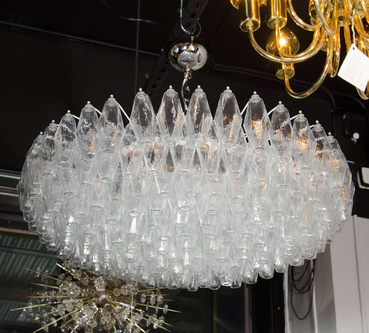 Contemporary Modernist Handblown Murano Translucent Glass and Chrome Polyhedral Chandelier