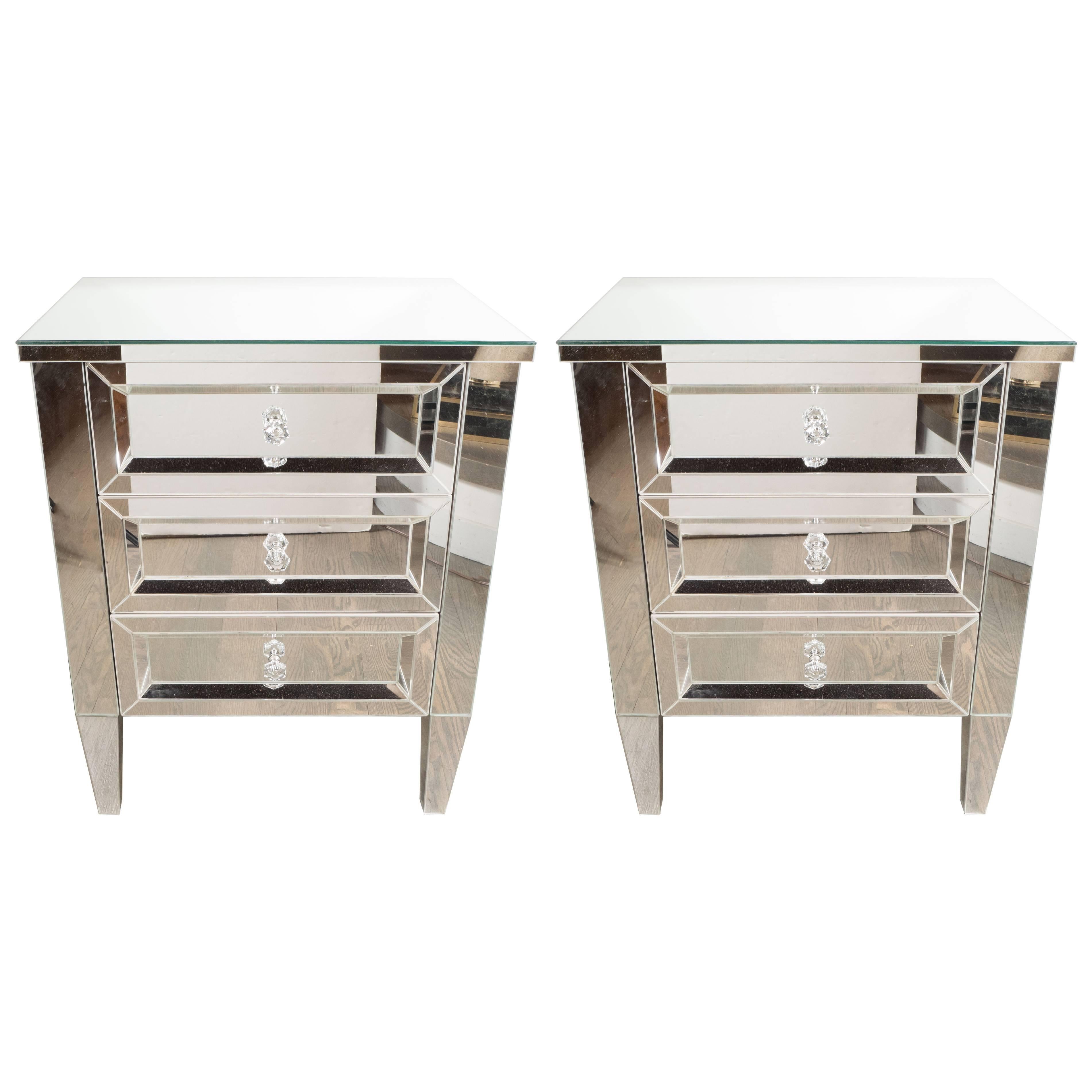 Pair of Hollywood Regency Style Custom Mirrored Nightstands with Three Drawers For Sale