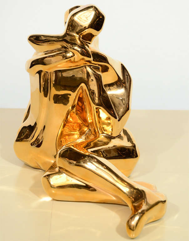 Late 20th Century Mid-Century Modern 24-Karat Gold Plated Ceramic Cubist Sculpture by Jaru