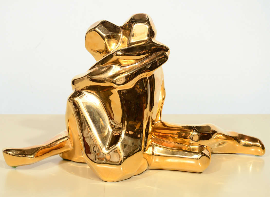 Mid-Century Modern 24-Karat Gold Plated Ceramic Cubist Sculpture by Jaru 1