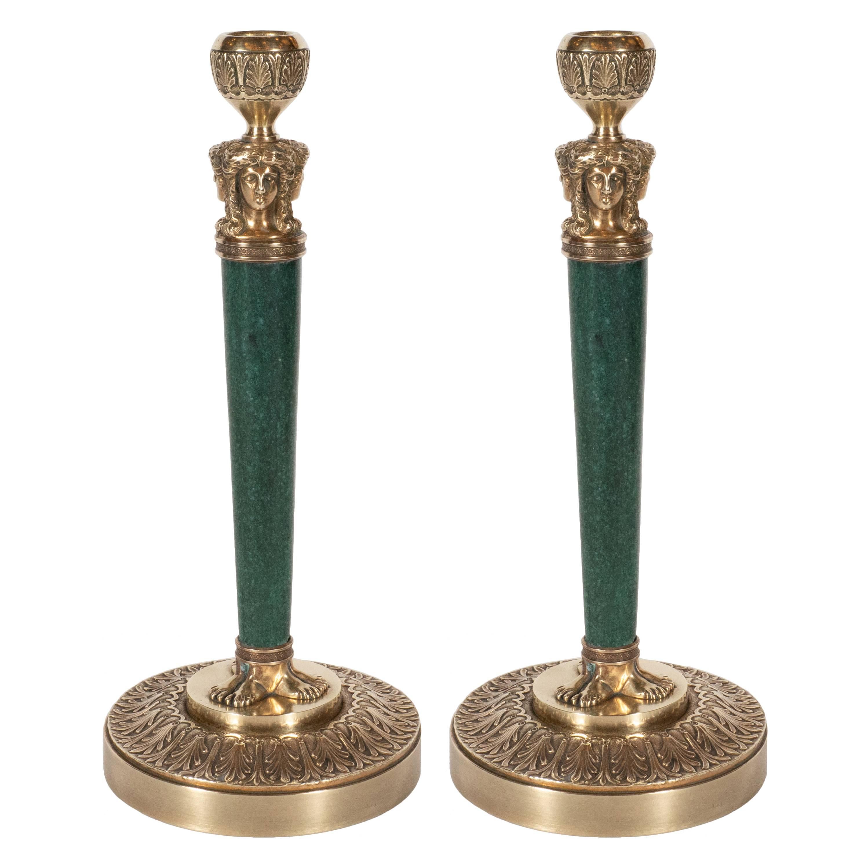 French Louis XV Style Bronze and Green Stone Candlesticks