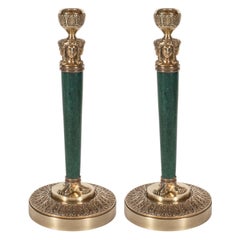 French Louis XV Style Bronze and Green Stone Candlesticks