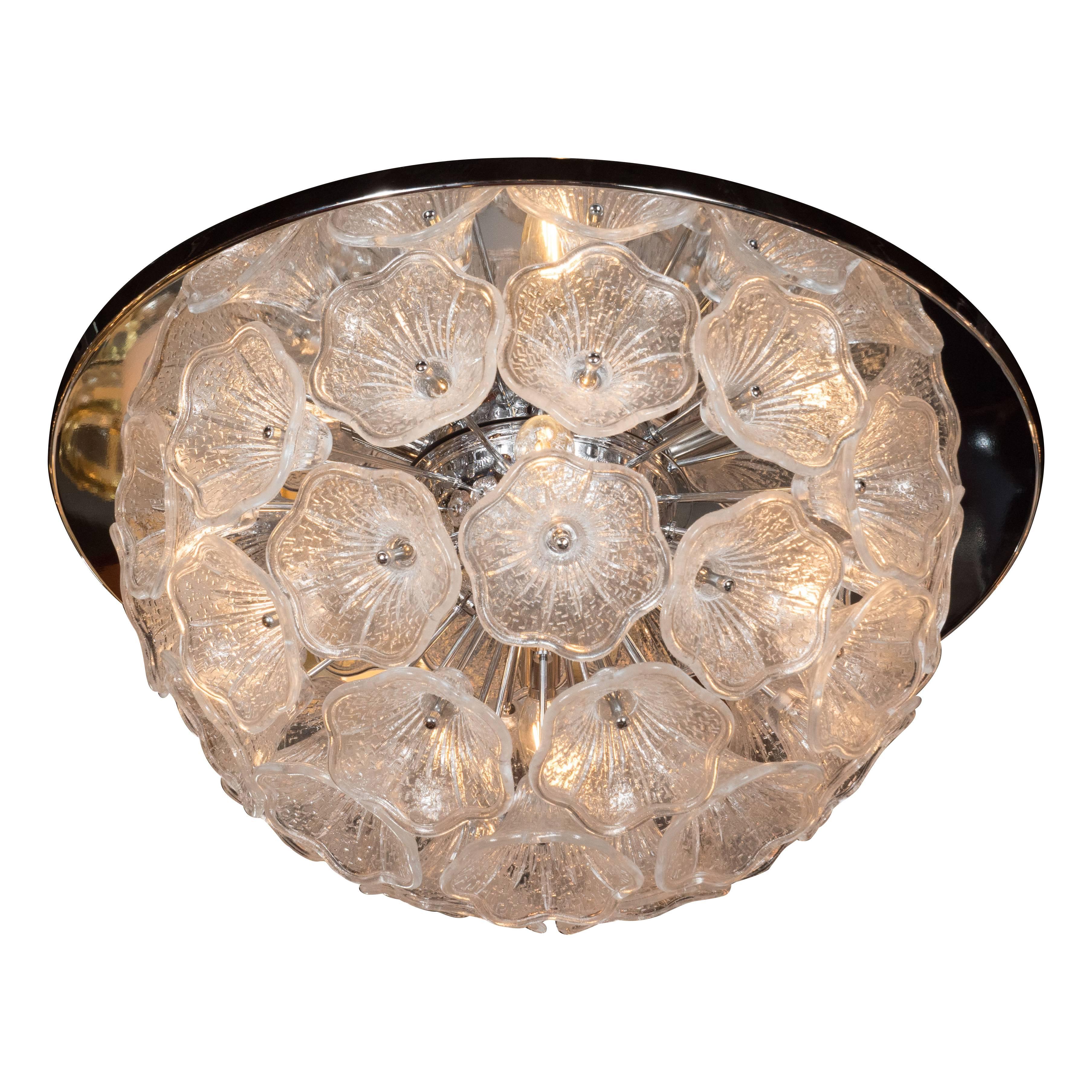 Hand Blown Murano Textured Glass Floral Chandelier with Polished Chrome Fittings