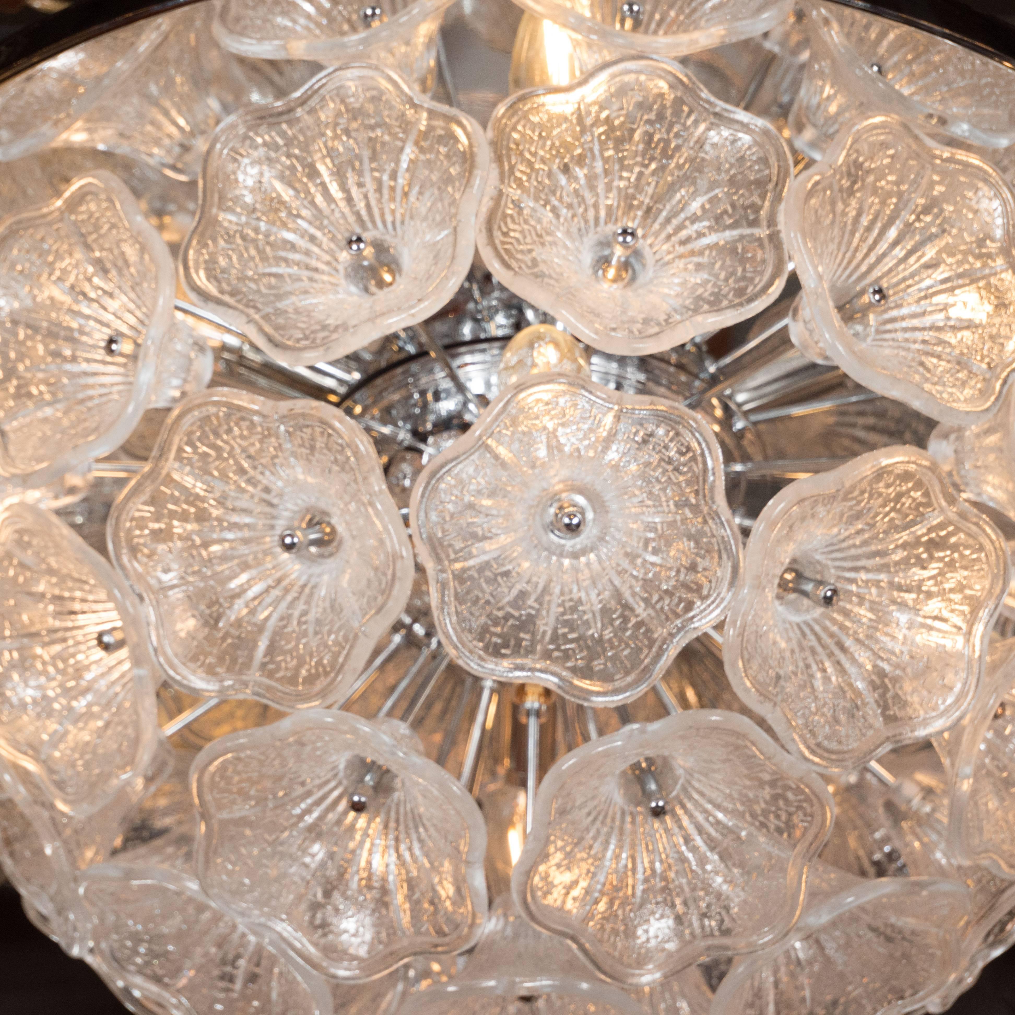 Late 20th Century Hand Blown Murano Textured Glass Floral Chandelier with Polished Chrome Fittings For Sale