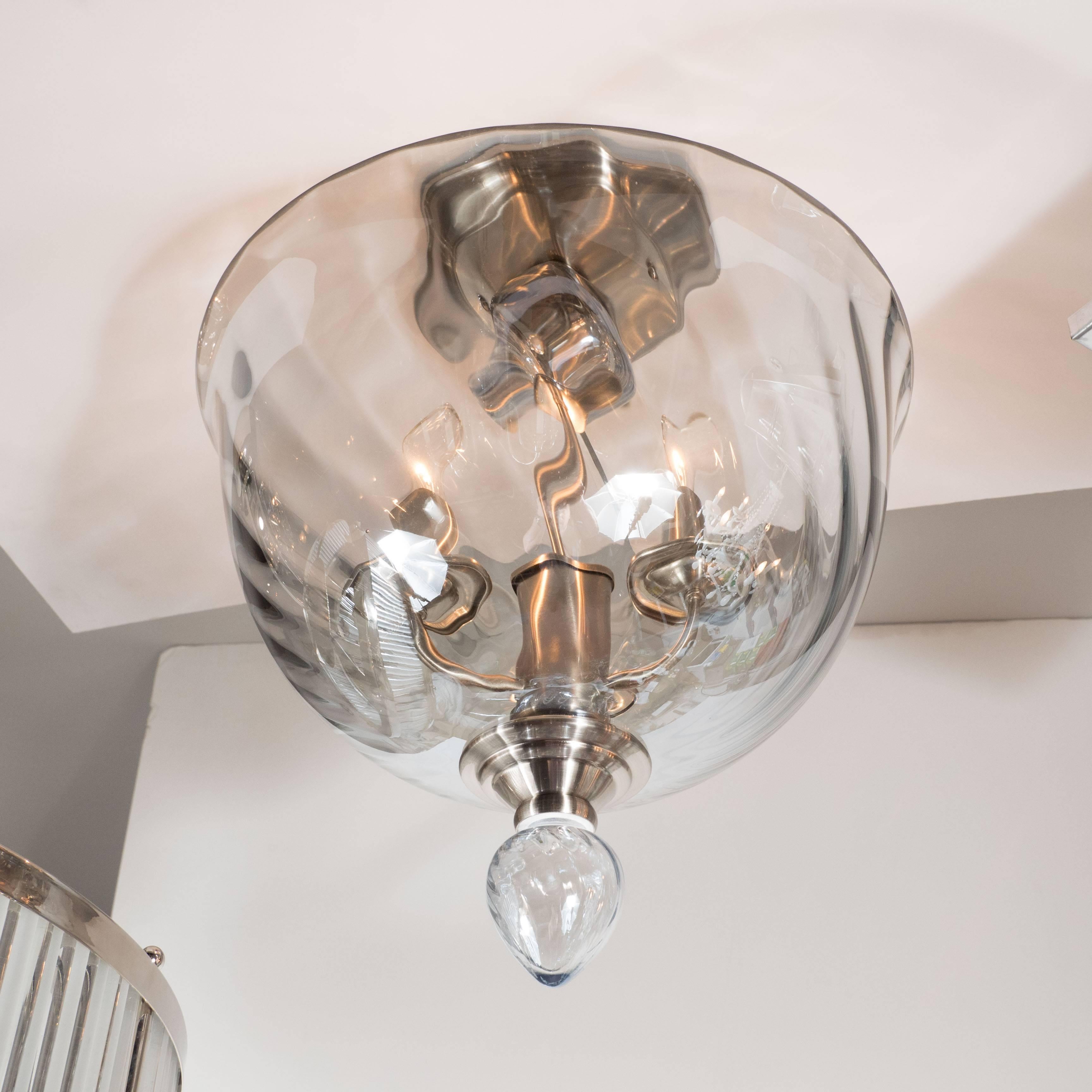 Mid-Century Modern Italian Hand Blown Murano Glass Dome and Teardrop-Detail Flush Mount Chandelier For Sale