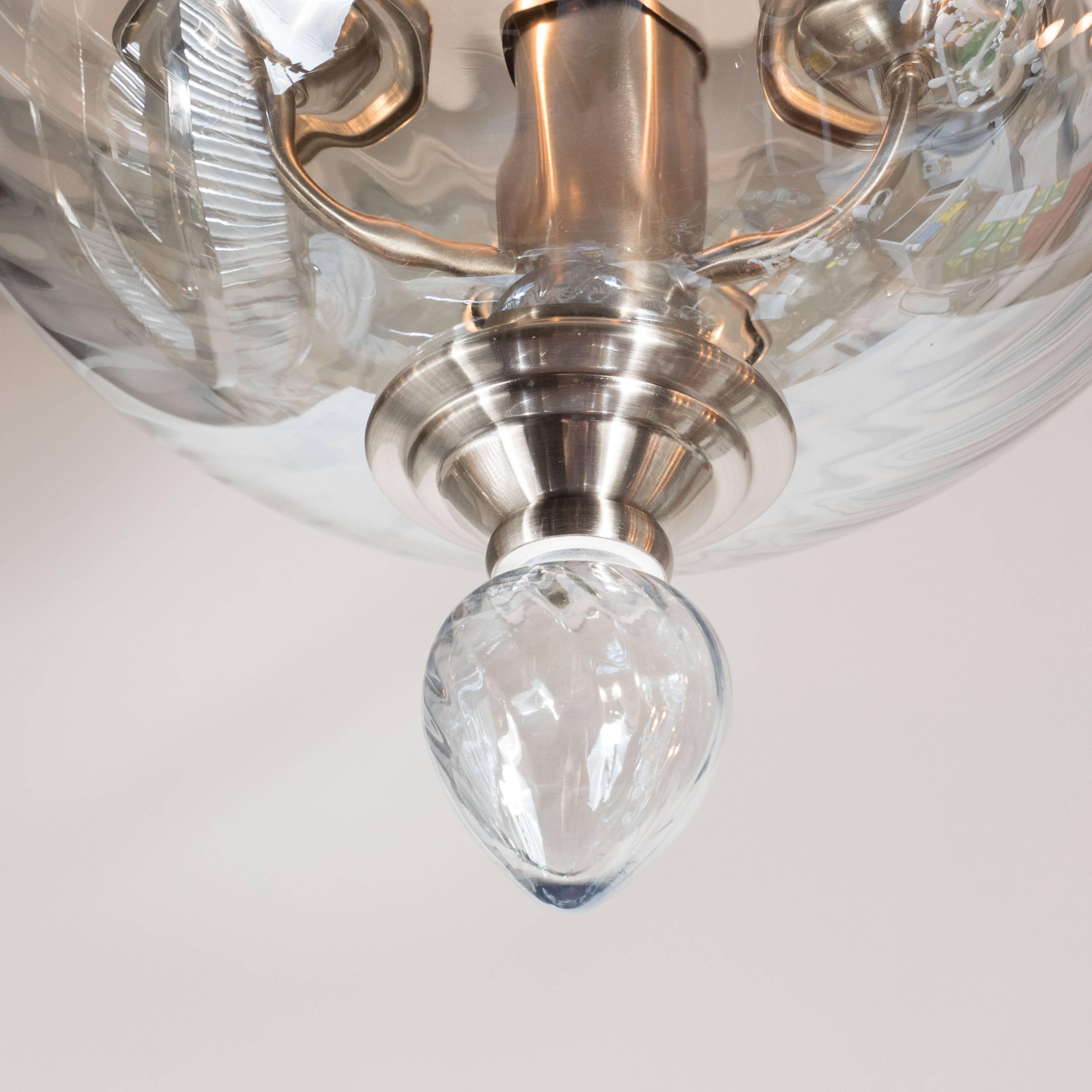 Italian Hand Blown Murano Glass Dome and Teardrop-Detail Flush Mount Chandelier In Excellent Condition For Sale In New York, NY