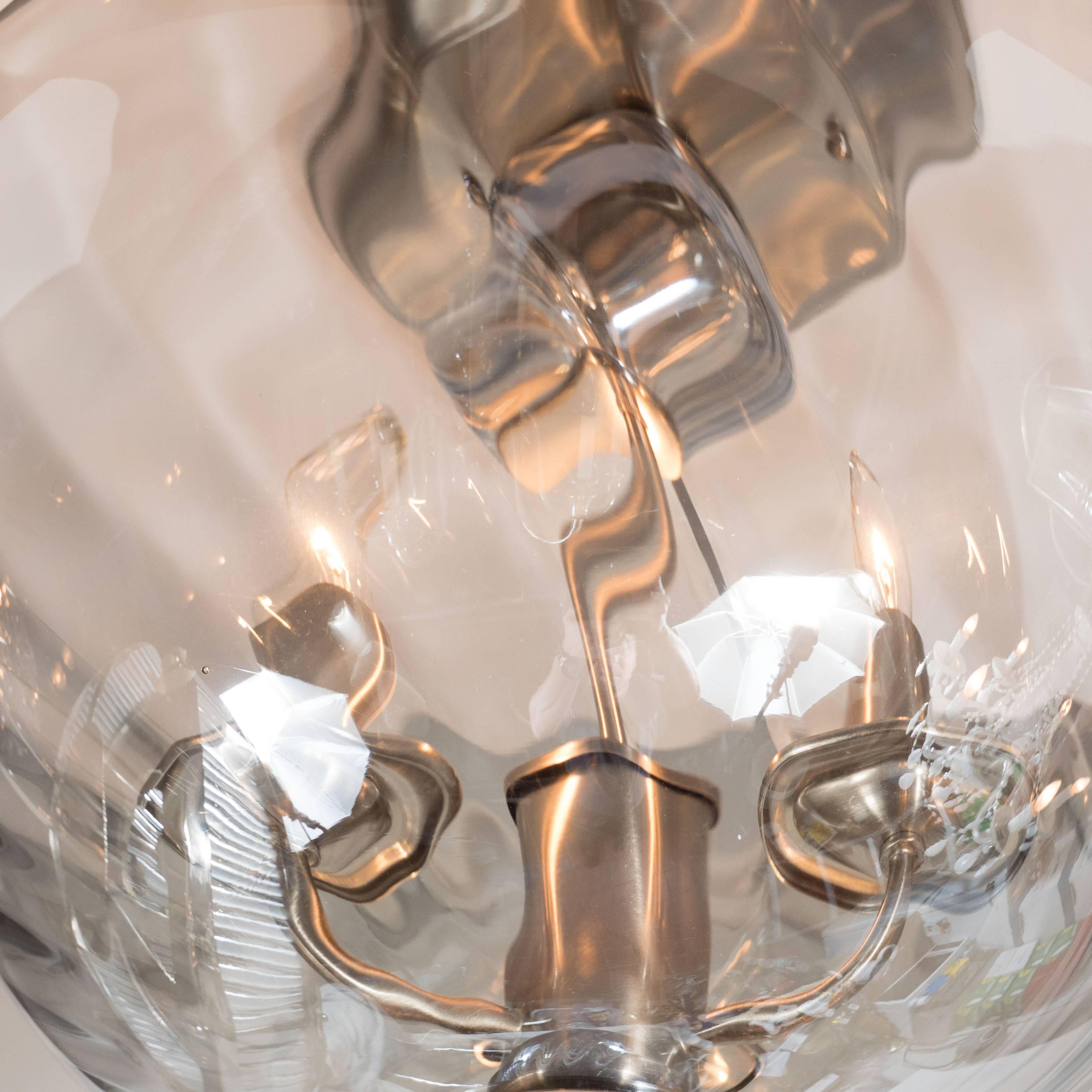 Mid-20th Century Italian Hand Blown Murano Glass Dome and Teardrop-Detail Flush Mount Chandelier For Sale