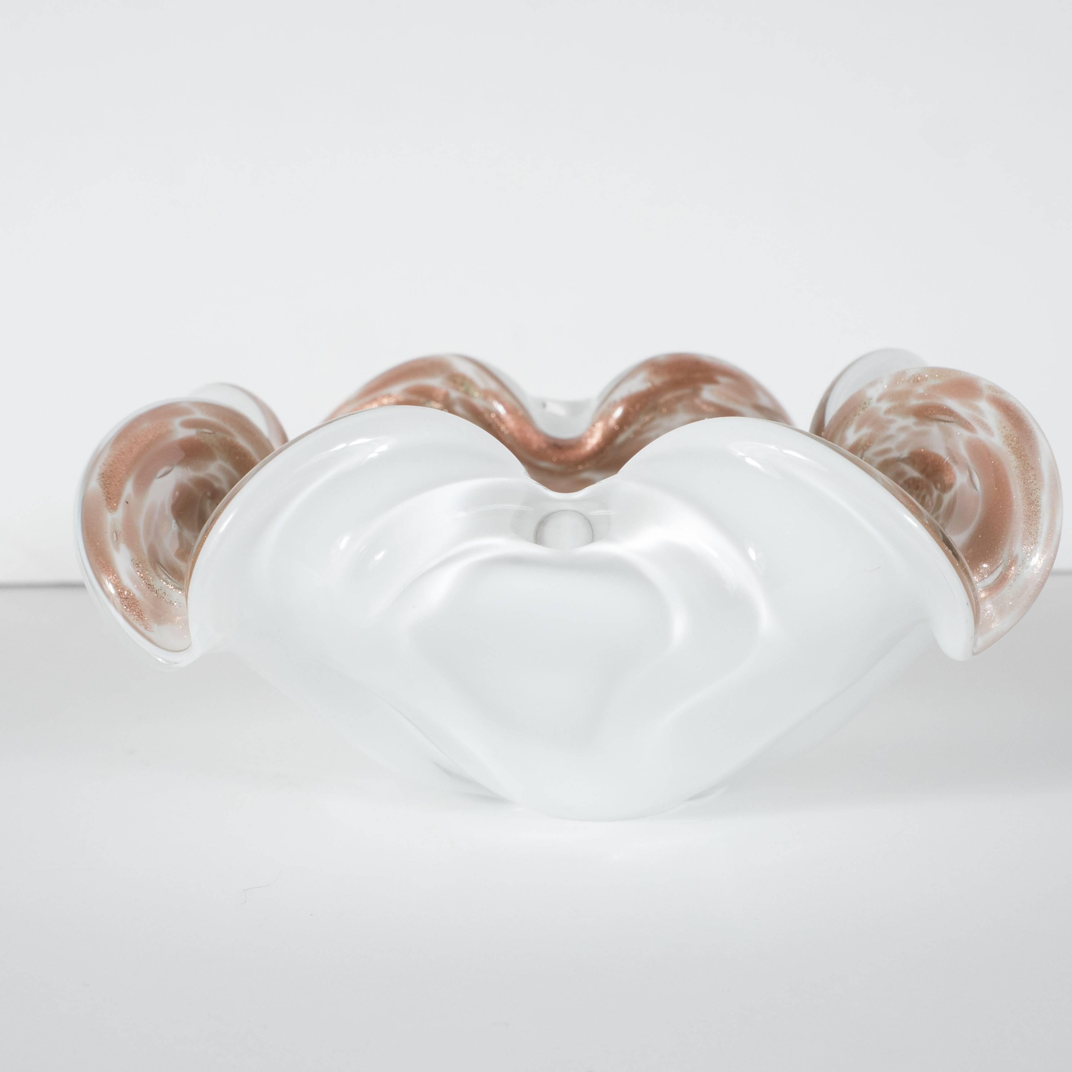 Italian Organic Form Mid-Century Modern 24 Karat Rose Gold and White Murano Glass Bowl