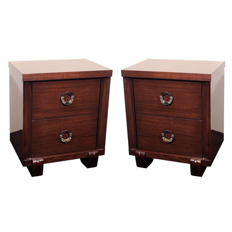 Pair of Mid-Century Modern Nightstands in Mahogany with Circular Nickel Pulls