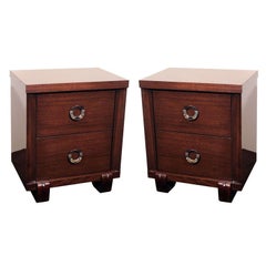 Pair of Mid-Century Modern Nightstands in Mahogany with Circular Nickel Pulls