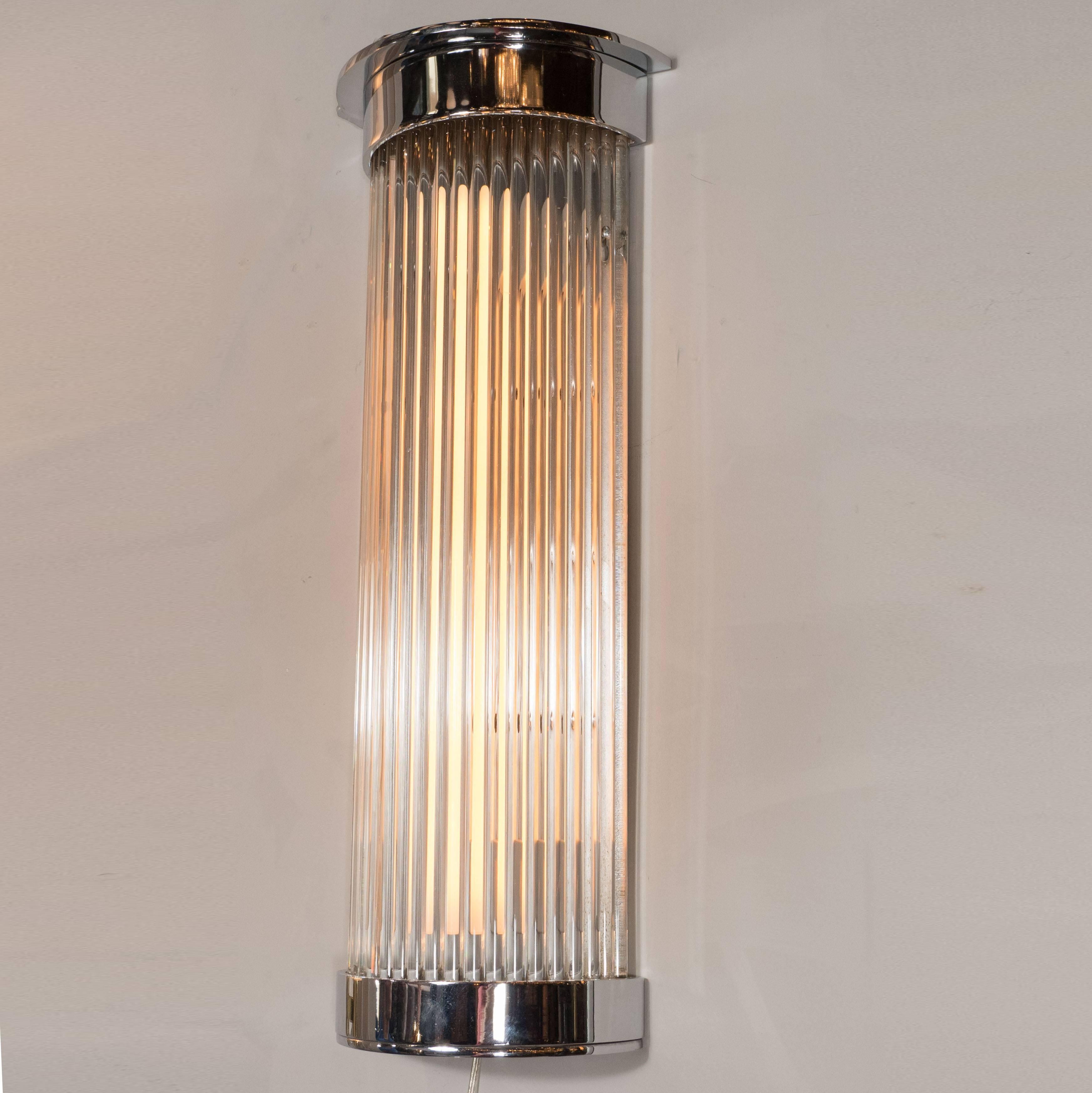 Originally used in the legendary Sunset tower hotel in Los Angeles- formerly the home to Errol Flynn, Marilyn Monroe and Frank Sinatra- this stunning of Art Deco sconce embodies the old world elegance of 1930s Hollywood. It features demilune shaped