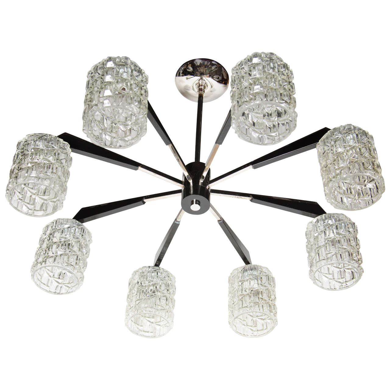 Mid-Century Modern Eight-Arm Chrome, Ebonized Walnut & Faceted Glass Chandelier