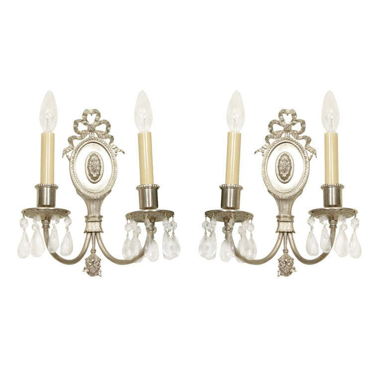 Hollywood Brushed Nickel & Rock Crystals Sconces with Neoclassical Details, Pair For Sale