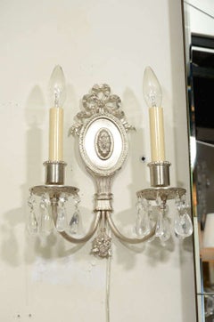 Hollywood Brushed Nickel & Rock Crystals Sconces with Neoclassical Details, Pair