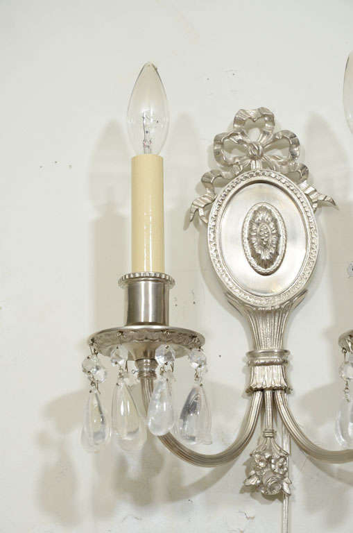 Hollywood Regency Hollywood Brushed Nickel & Rock Crystals Sconces with Neoclassical Details, Pair For Sale