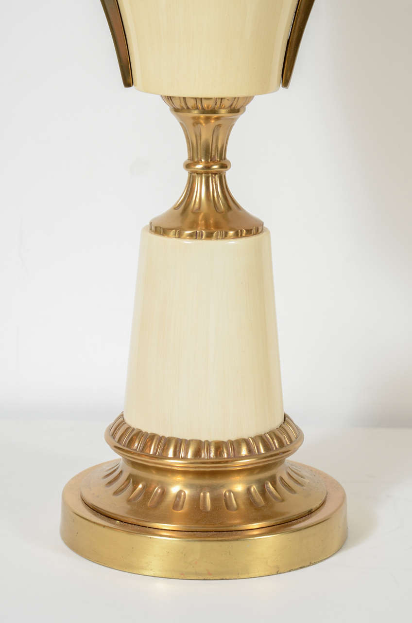 American Pair of Mid-Century Modern Greek Key Urn Lamps in Enamel and Brushed Brass