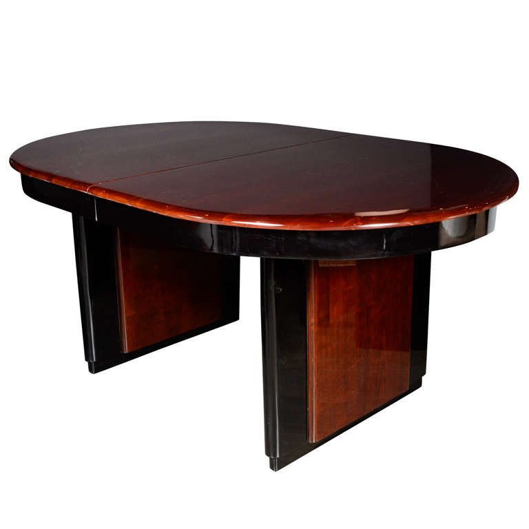 Art Deco Skyscraper Style Bookmatched Mahogany & Black Lacquer Oval Dining Table