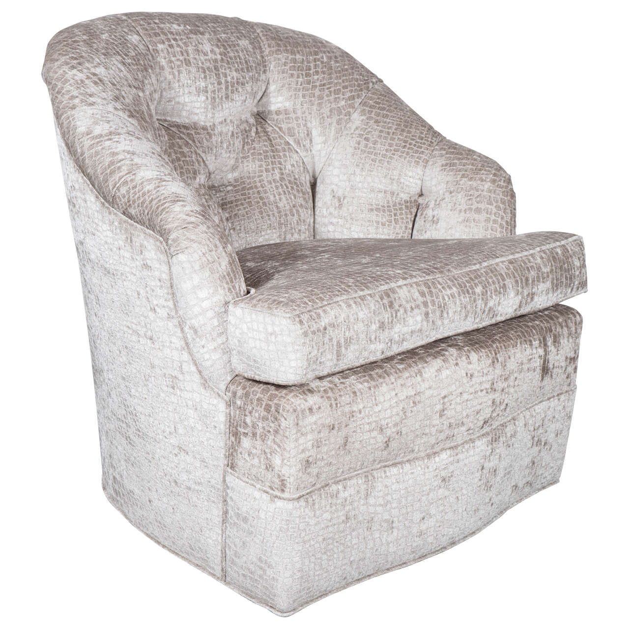Mid-Century Modern Tufted Button Back Swivel Chair in Platinum Gauffraged Velvet For Sale