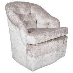 Retro Mid-Century Modern Tufted Button Back Swivel Chair in Platinum Gauffraged Velvet