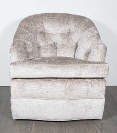 Mid-Century Modern Tufted Button Back Swivel Chair in Platinum Gauffraged Velvet