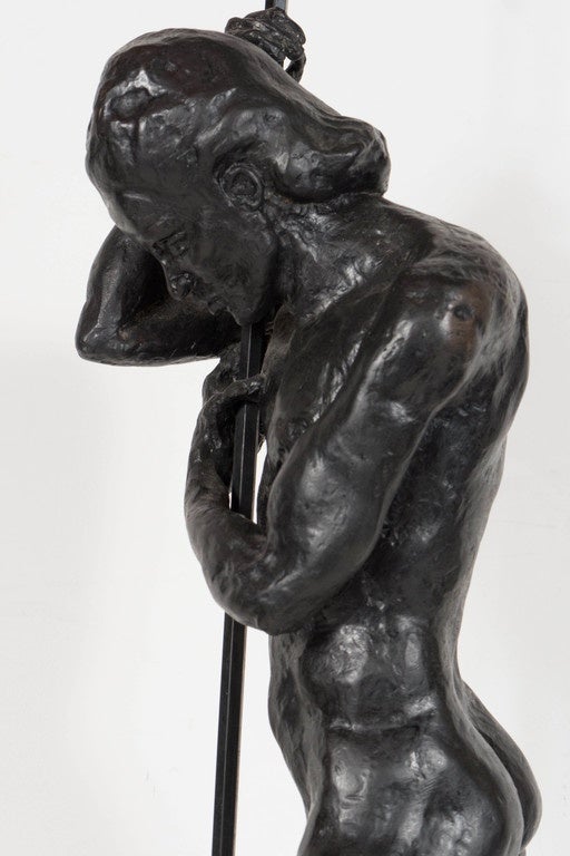 American Bronze Man With a Staff by Dori Gallione on a White Marble Base