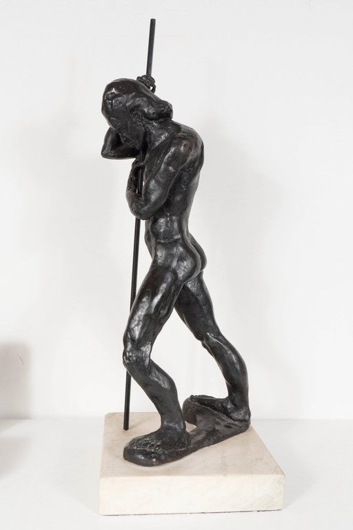 Bronze Man With a Staff by Dori Gallione on a White Marble Base In Excellent Condition In New York, NY