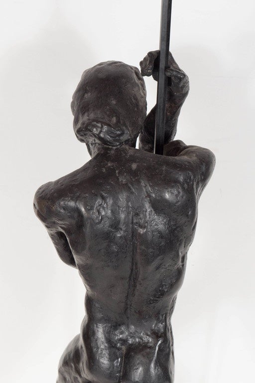 Bronze Man With a Staff by Dori Gallione on a White Marble Base 2