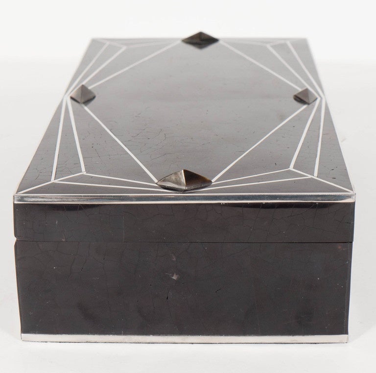 20th Century Exquisite Black Tab Shell Box with Silvered Inlay with Art Deco Diamond Design