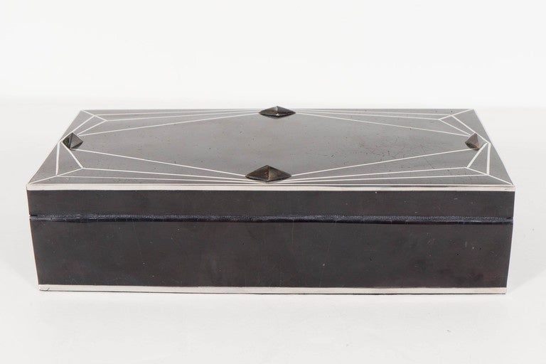 Exquisite Black Tab Shell Box with Silvered Inlay with Art Deco Diamond Design 2