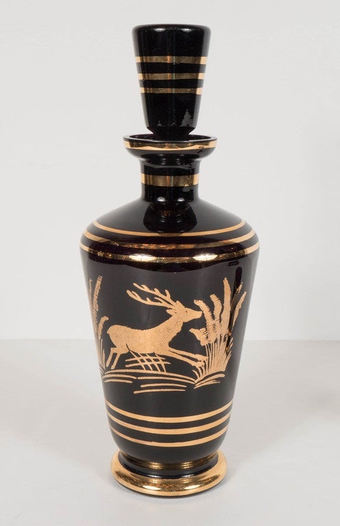 Mid-20th Century Exquisite Art Deco Decanter Set with 24-Karat Gold Design of Leaping Gazelle