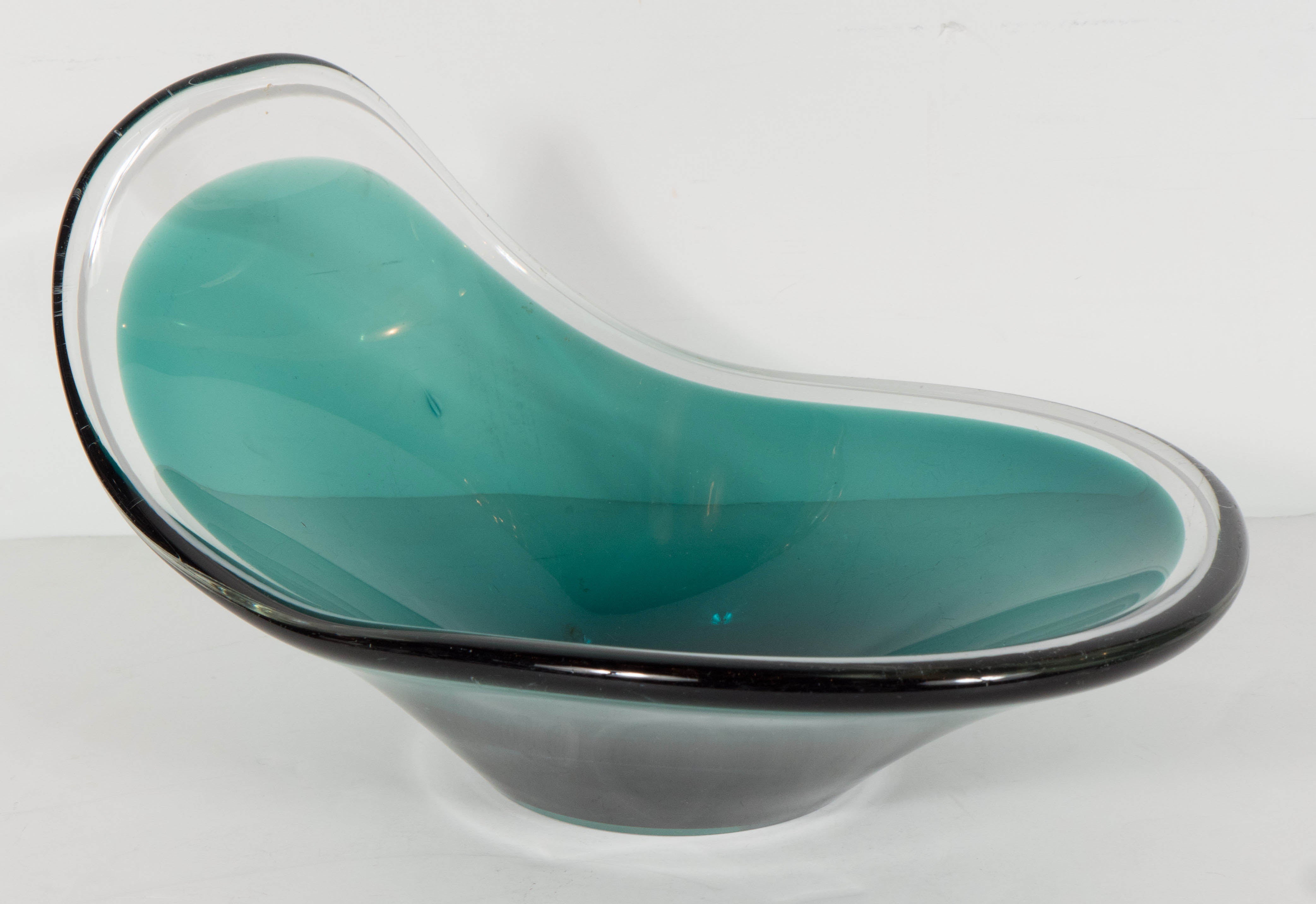 Mid-Century Modern Hand Blown Murano Glass Wave Bowl in Emerald and Smoked Clear