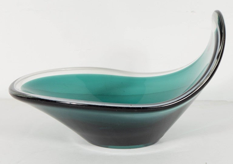Italian Mid-Century Modern Hand Blown Murano Glass Wave Bowl in Emerald and Smoked Clear