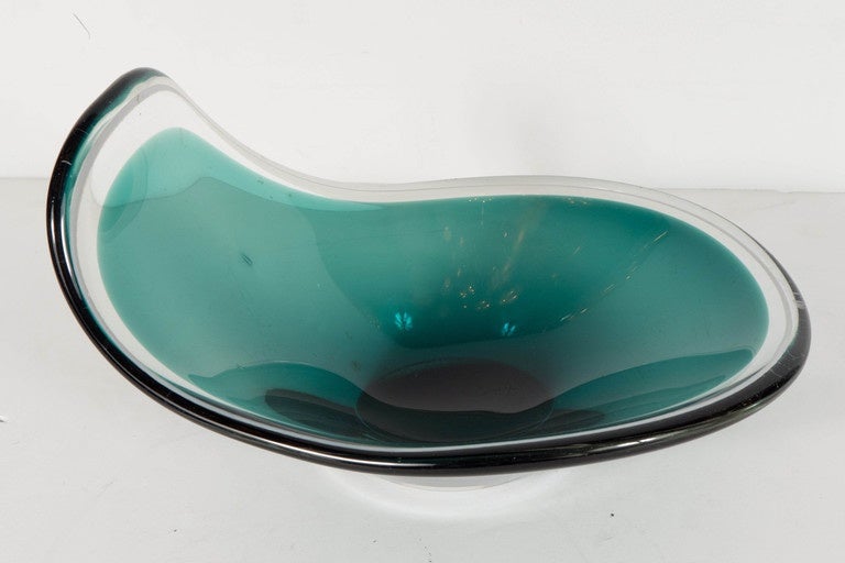 Mid-Century Modern Hand Blown Murano Glass Wave Bowl in Emerald and Smoked Clear 1