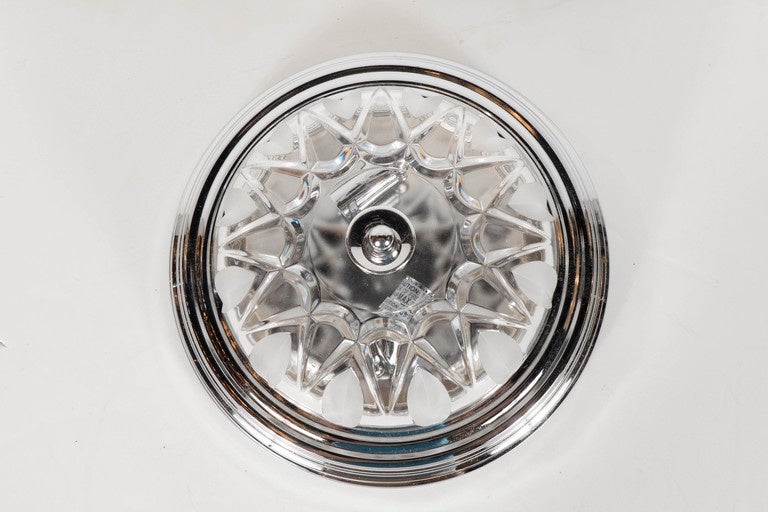 Art Deco Style Flush Mount Chandelier with Chrome Fittings & 'Sunburst' Motif In Excellent Condition For Sale In New York, NY