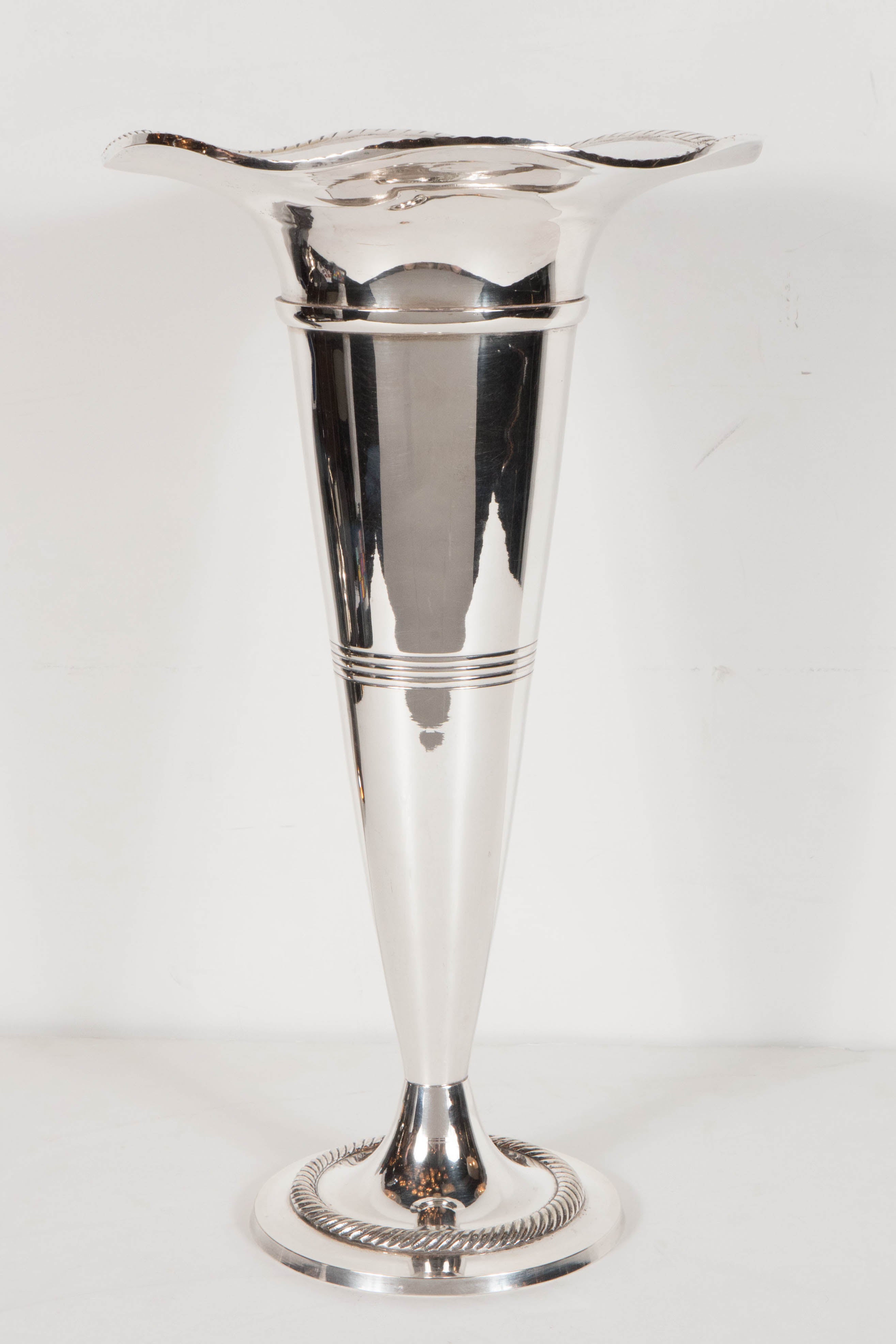 Elegant Pair of Art Deco Silver Plate Trumpet Vases